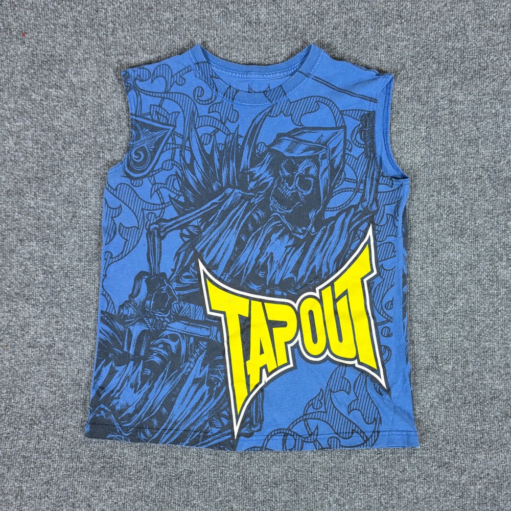 Y2K Tapout AOP 2 Sided Graphic Muscle Tank Top Blue Youth Sz Large Grunge Skater